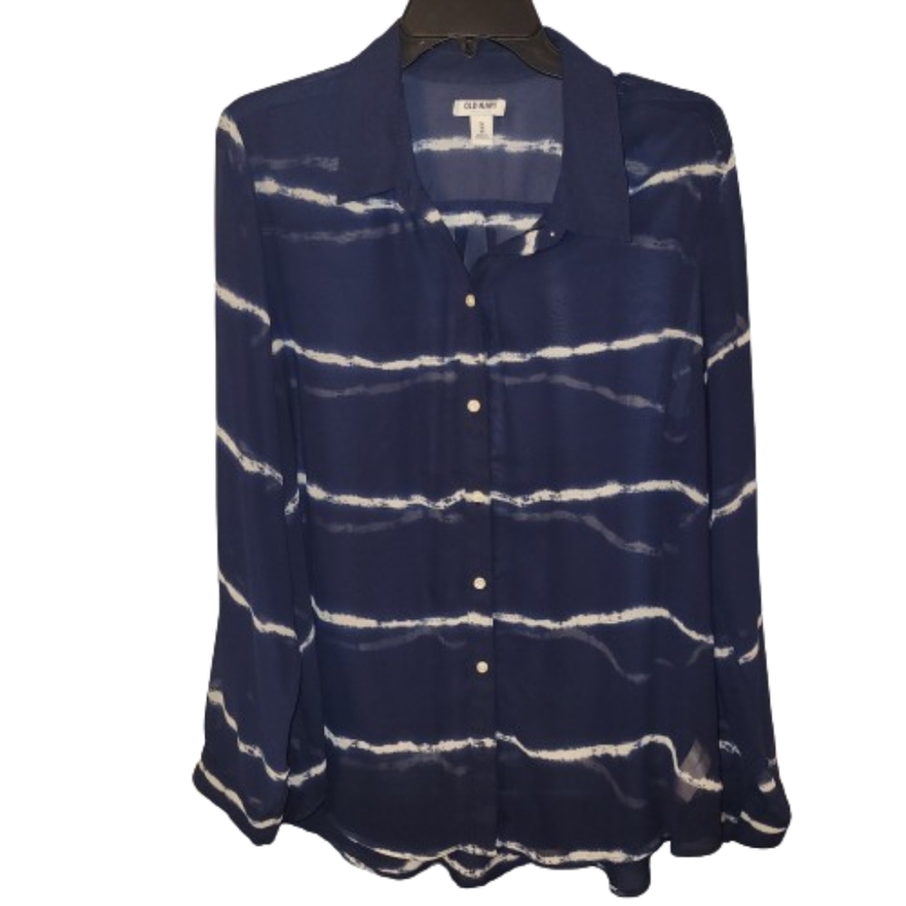 Old Navy sheer navy and white button-up blouse